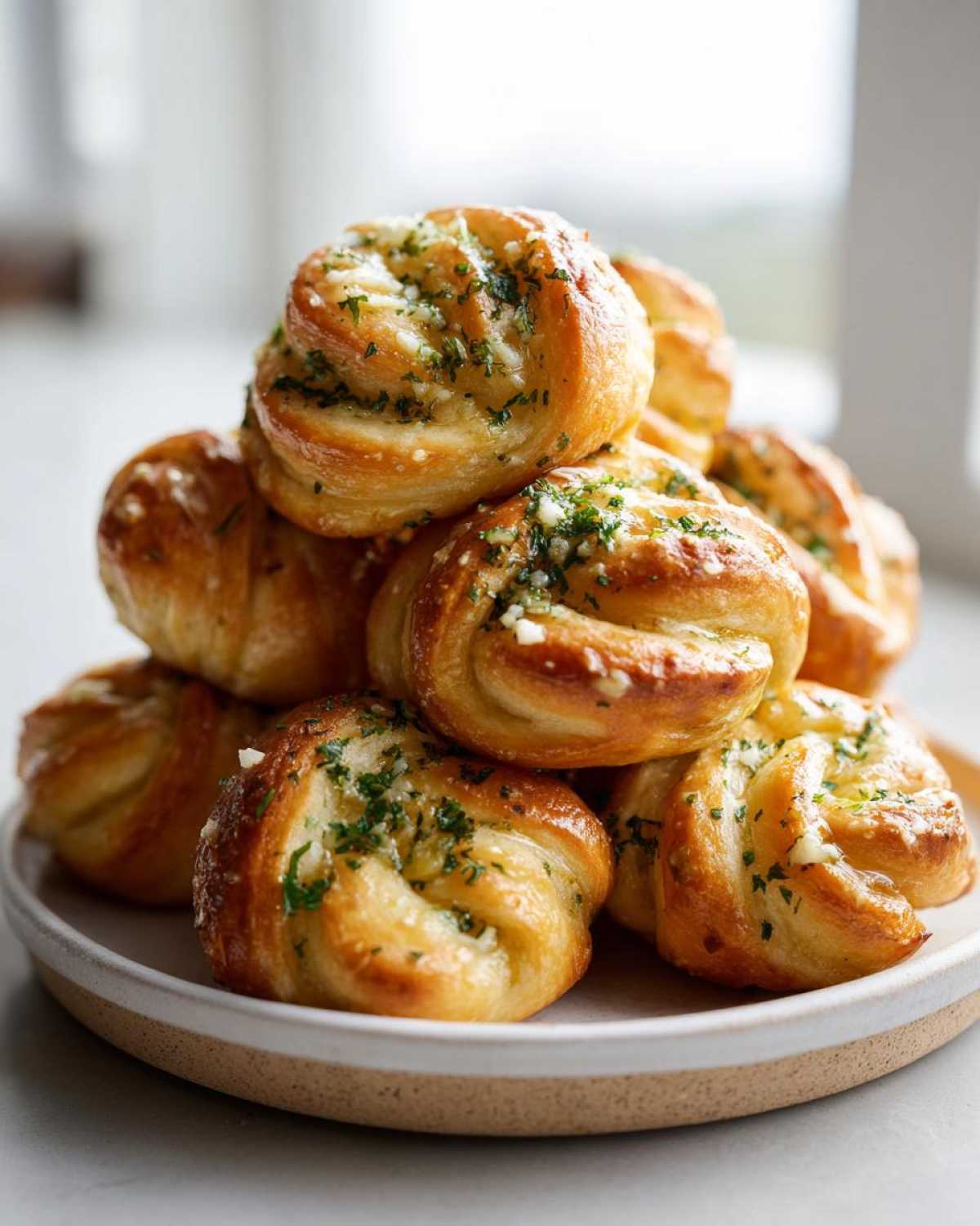 A stack of golden brown Air Fryer Garlic Knots topped with melted butter, minced garlic, and fresh parsley.