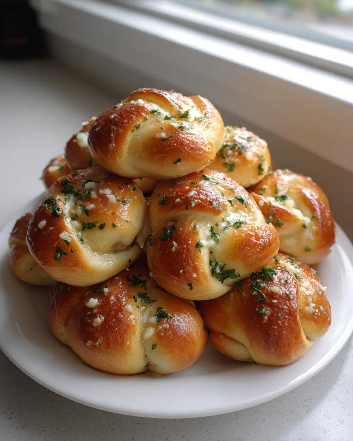 A stack of golden brown Air Fryer Garlic Knots glistening with butter and topped with fresh parsley and minced garlic.