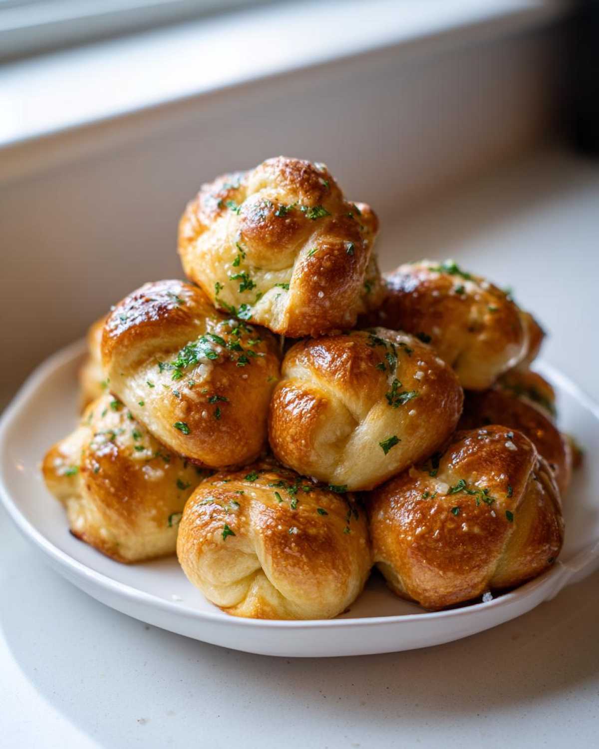 A stack of golden brown Air Fryer Garlic Knots glistening with butter and topped with fresh parsley.