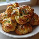 A stack of golden brown Air Fryer Garlic Knots glistening with butter and topped with fresh parsley.