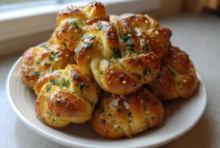 A stack of golden brown Air Fryer Garlic Knots glistening with butter and topped with fresh parsley.