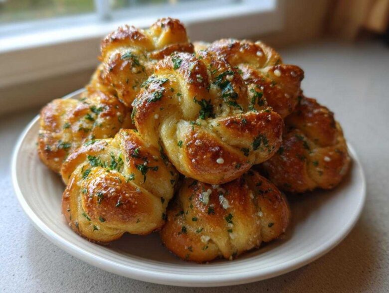 A stack of golden brown Air Fryer Garlic Knots glistening with butter and topped with fresh parsley.