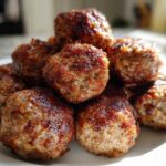 A close-up stack of perfectly browned Air Fryer Italian Meatballs on a white plate, showing a crispy exterior.