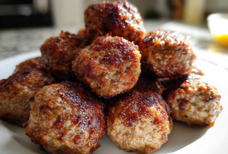 A close-up stack of perfectly browned Air Fryer Italian Meatballs on a white plate, showing a crispy exterior.