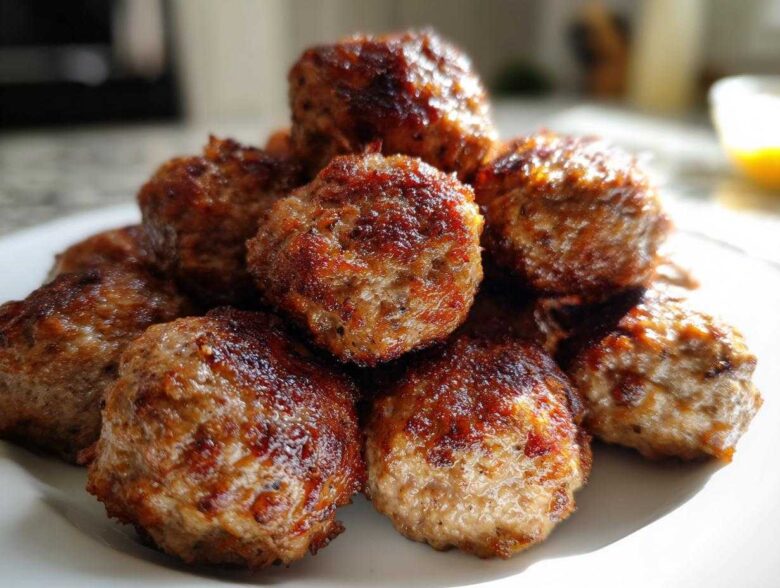A close-up stack of perfectly browned Air Fryer Italian Meatballs on a white plate, showing a crispy exterior.