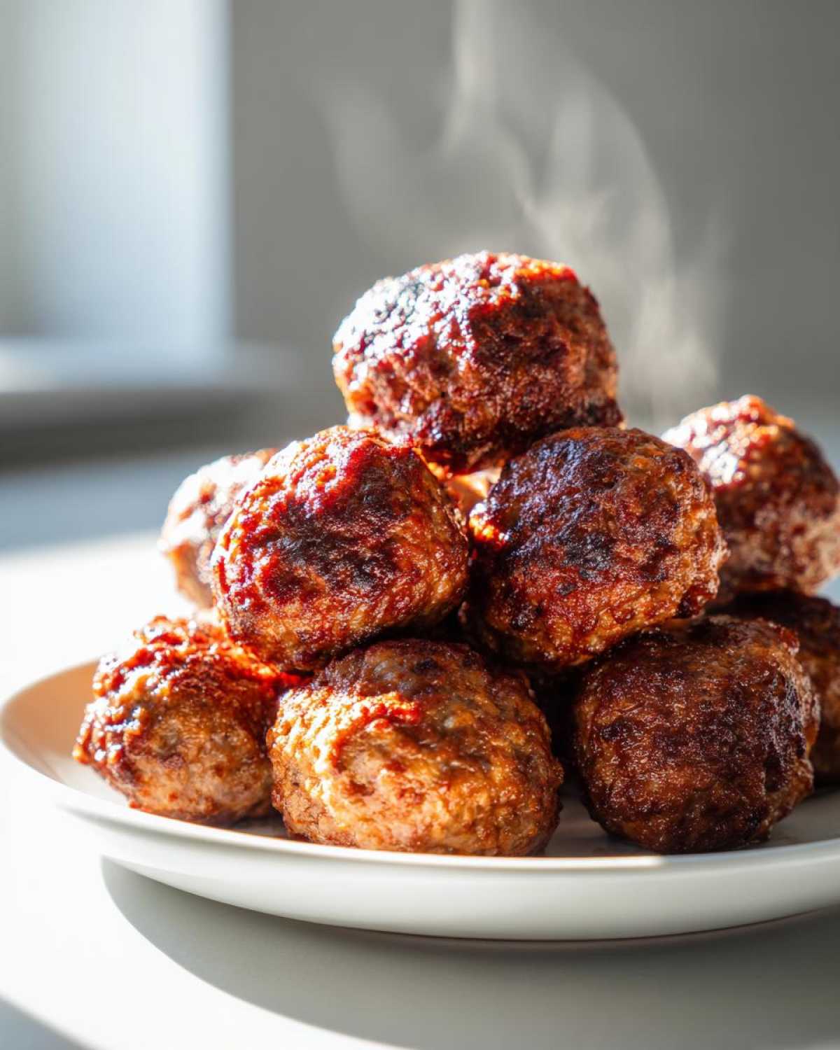 A stack of freshly cooked, steaming Air Fryer Italian Meatballs piled high on a white plate.