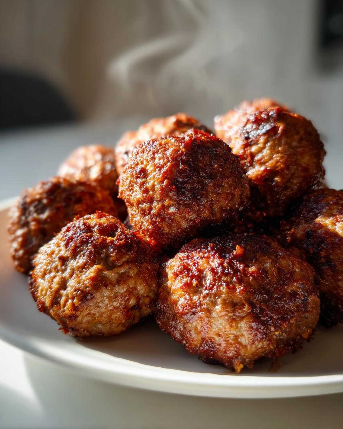 Close-up of several perfectly browned and steaming Air Fryer Italian Meatballs piled high on a white dish.