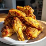 A pile of crispy, golden Air Fryer Lemon Pepper Wings heavily seasoned with black pepper and lemon zest on a white plate.