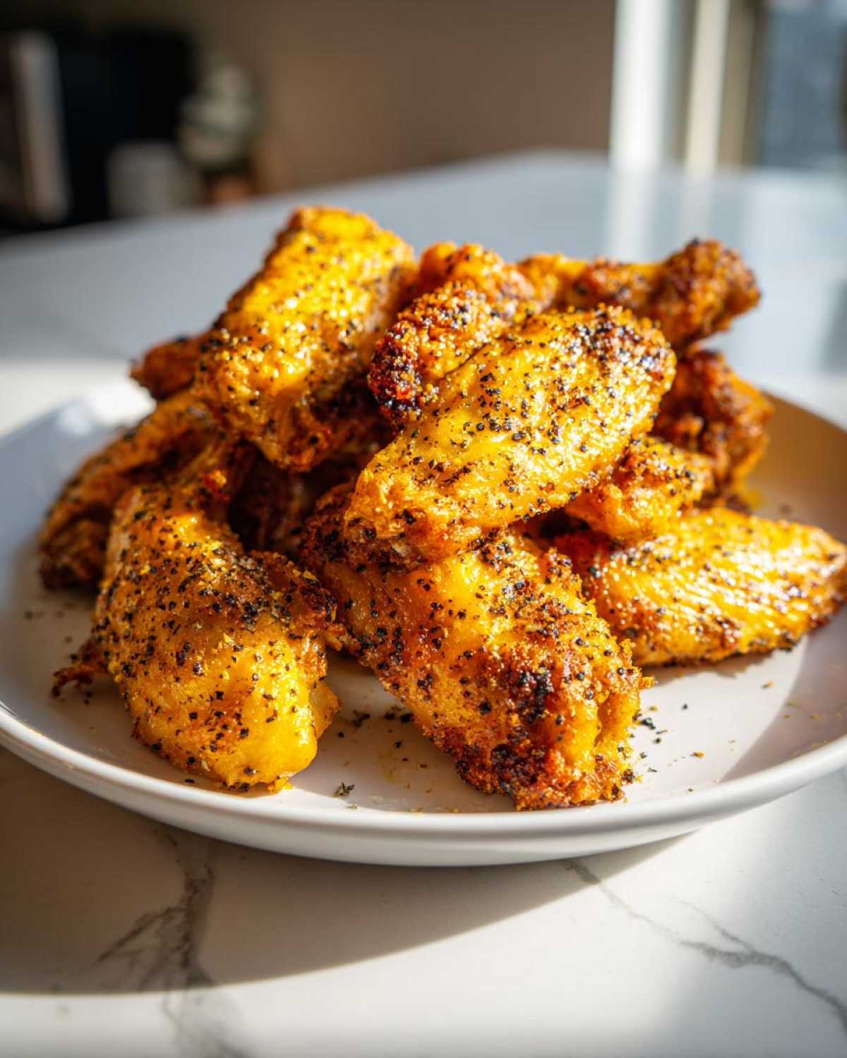 A close-up stack of crispy Air Fryer Lemon Pepper Wings seasoned heavily with black pepper, served on a white plate.