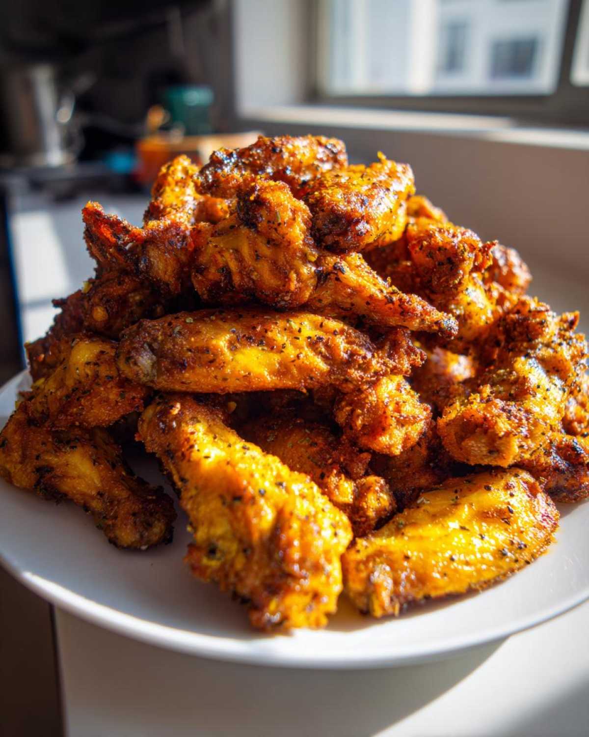 A large pile of golden brown, crispy Air Fryer Lemon Pepper Wings seasoned with visible black pepper flakes on a white plate.