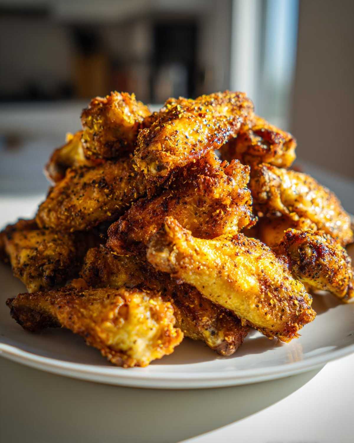 A mound of crispy, golden Air Fryer Lemon Pepper Wings heavily seasoned with visible pepper and lemon zest.