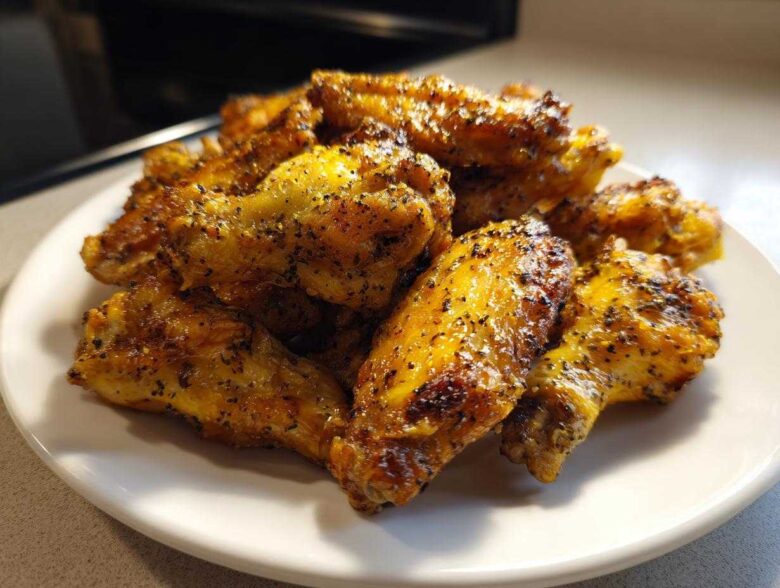 A close-up shot of a pile of golden brown, crispy Air Fryer Lemon Pepper Wings seasoned heavily with black pepper.