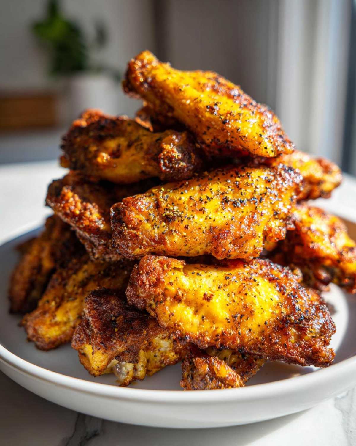 A tall stack of crispy, golden brown Air Fryer Lemon Pepper Wings seasoned heavily with black pepper.