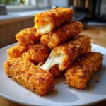 A stack of crispy, golden Air Fryer Mozzarella Sticks with one stick broken open showing a dramatic cheese pull.