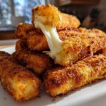A stack of golden brown Air Fryer Mozzarella Sticks with one stick broken open showing a long, gooey cheese pull.