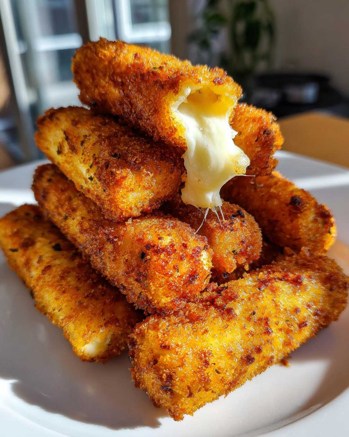 A pile of crispy, golden Air Fryer Mozzarella Sticks with one stick broken open showing melted, stretchy cheese.