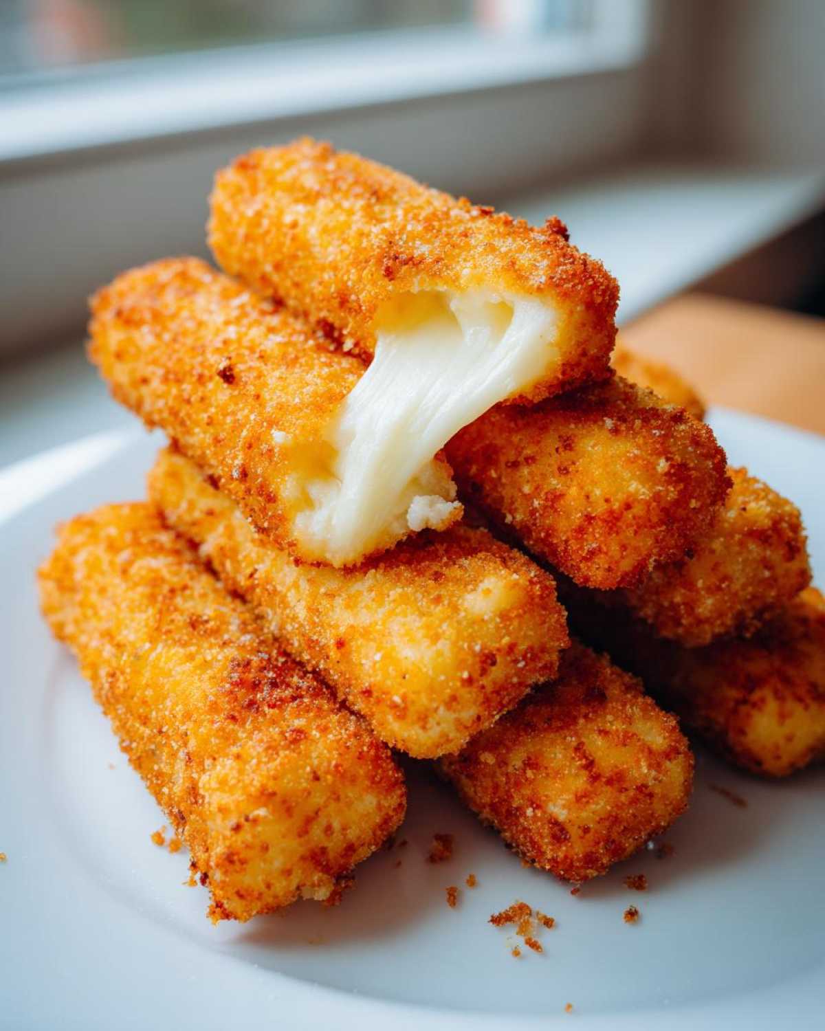 A stack of golden brown Air Fryer Mozzarella Sticks on a white plate, with one stick broken open showing a dramatic cheese pull.