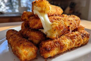 A stack of golden brown Air Fryer Mozzarella Sticks with one stick broken open showing a long, gooey cheese pull.