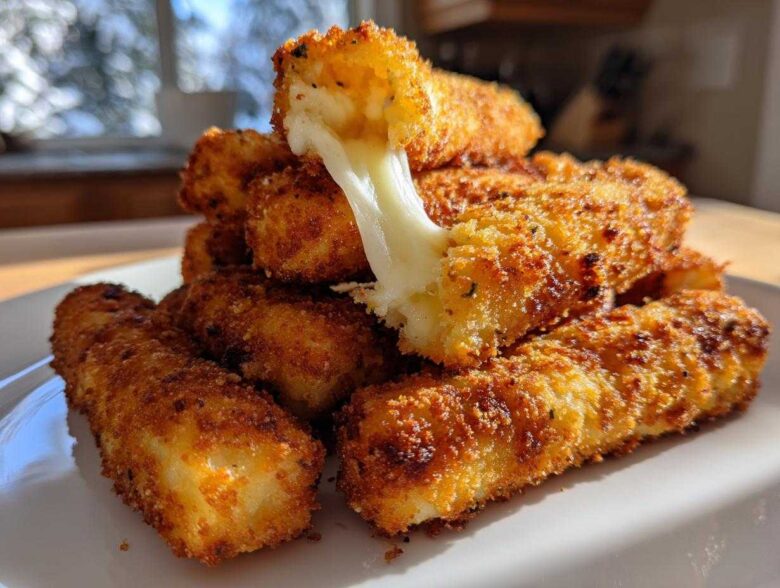 A stack of golden brown Air Fryer Mozzarella Sticks with one stick broken open showing a long, gooey cheese pull.