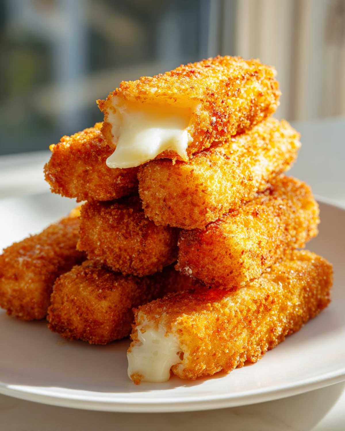 Stack of crispy, golden Air Fryer Mozzarella Sticks with melted cheese oozing out of two broken pieces.