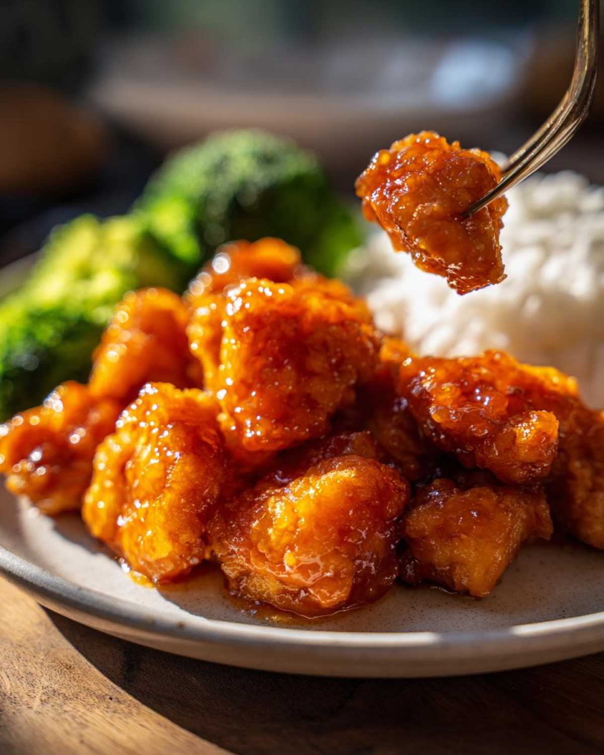 A close-up of a piece of sticky, glazed Air Fryer Orange Chicken being lifted by a fork, served with rice and broccoli.