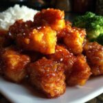 Close-up of crispy, glazed Air Fryer Orange Chicken pieces served with steamed rice and broccoli florets.
