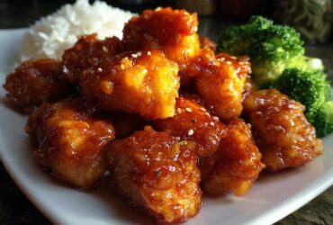 Close-up of crispy, glazed Air Fryer Orange Chicken pieces served with steamed rice and broccoli florets.