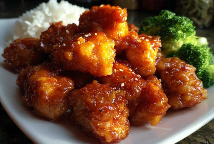 Close-up of crispy, glazed Air Fryer Orange Chicken pieces served with steamed rice and broccoli florets.