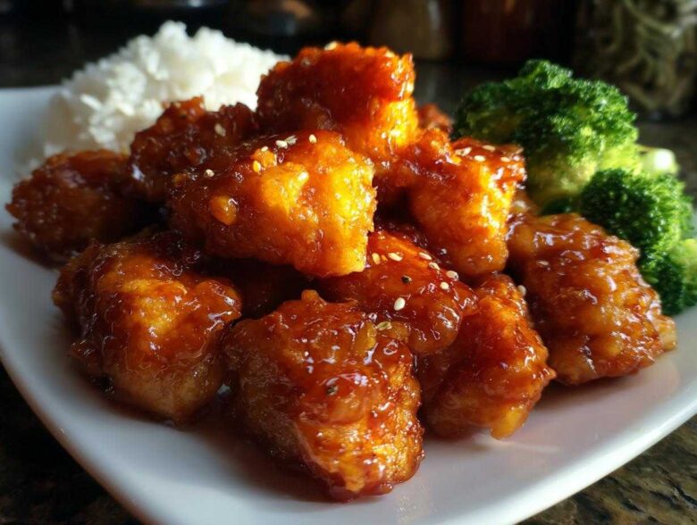 Close-up of crispy, glazed Air Fryer Orange Chicken pieces served with steamed rice and broccoli florets.