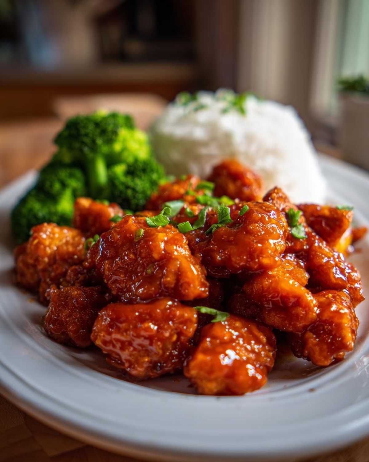 Close-up of glossy Air Fryer Orange Chicken pieces served with steamed white rice and bright green broccoli florets.