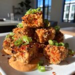 A stack of crispy Air Fryer Salmon Bites drizzled with orange sauce and topped with fresh green onions.