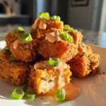 A pile of crispy, golden Air Fryer Salmon Bites drizzled with Bang Bang Sauce and topped with green onions.