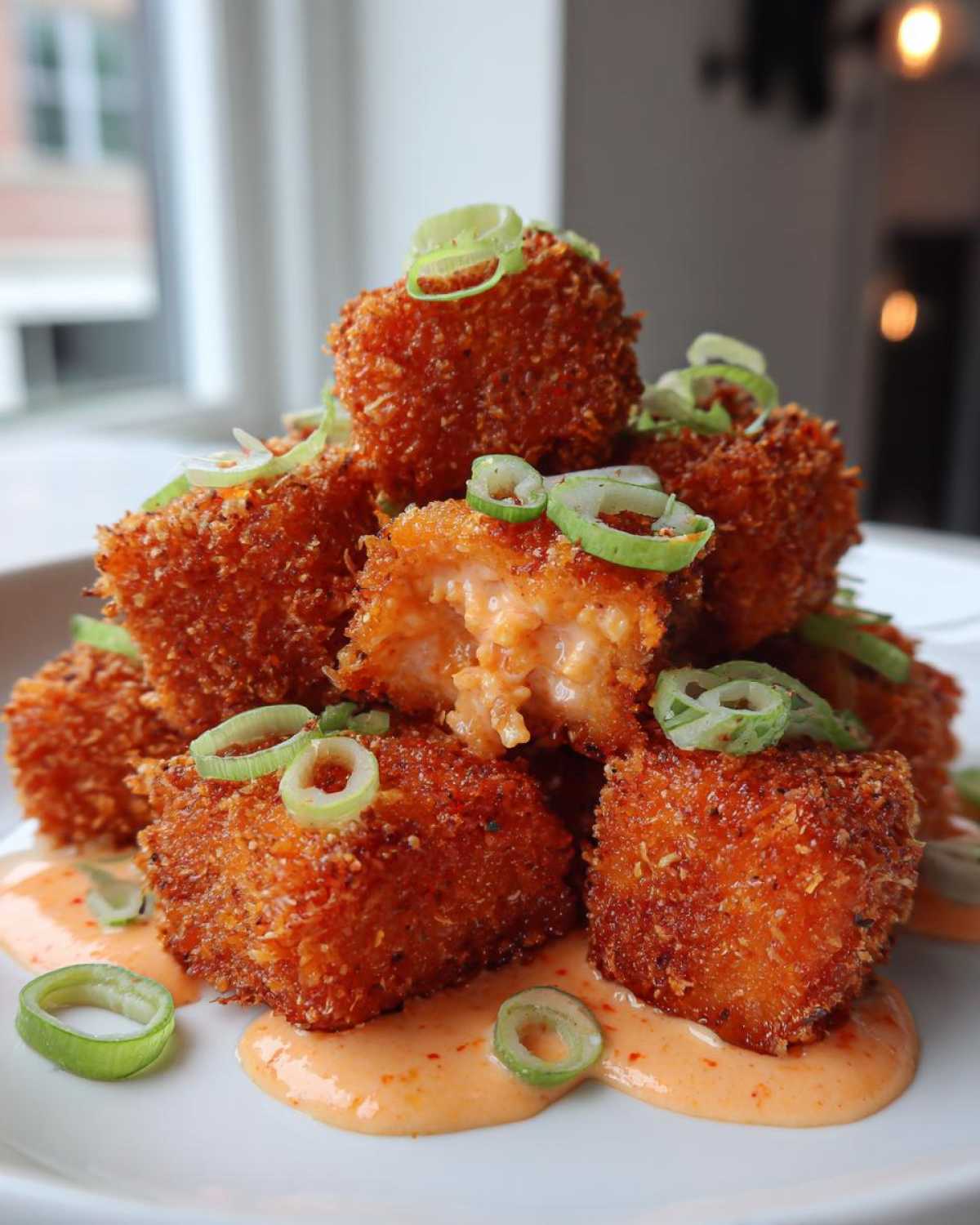 A stack of crispy, golden Air Fryer Salmon Bites drizzled with Bang Bang Sauce and garnished with green onions.