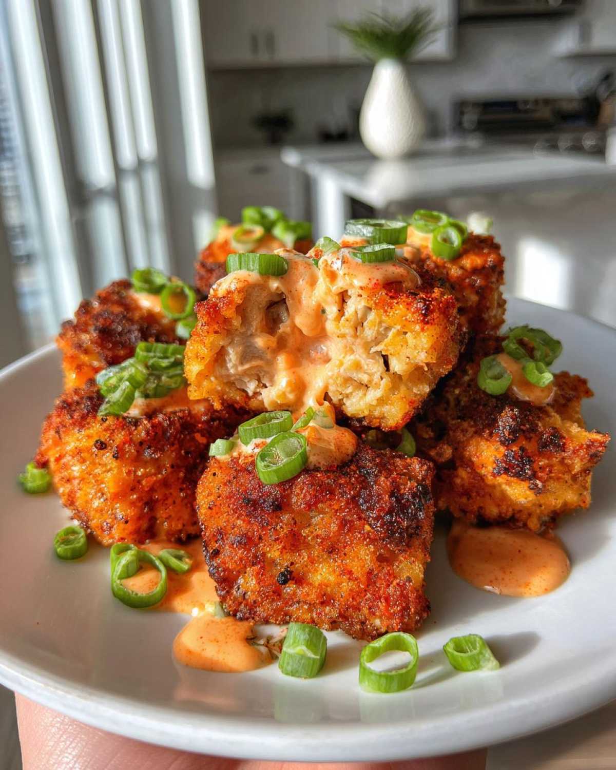 Close-up of crispy Air Fryer Salmon Bites drizzled with Bang Bang Sauce and topped with green onions.