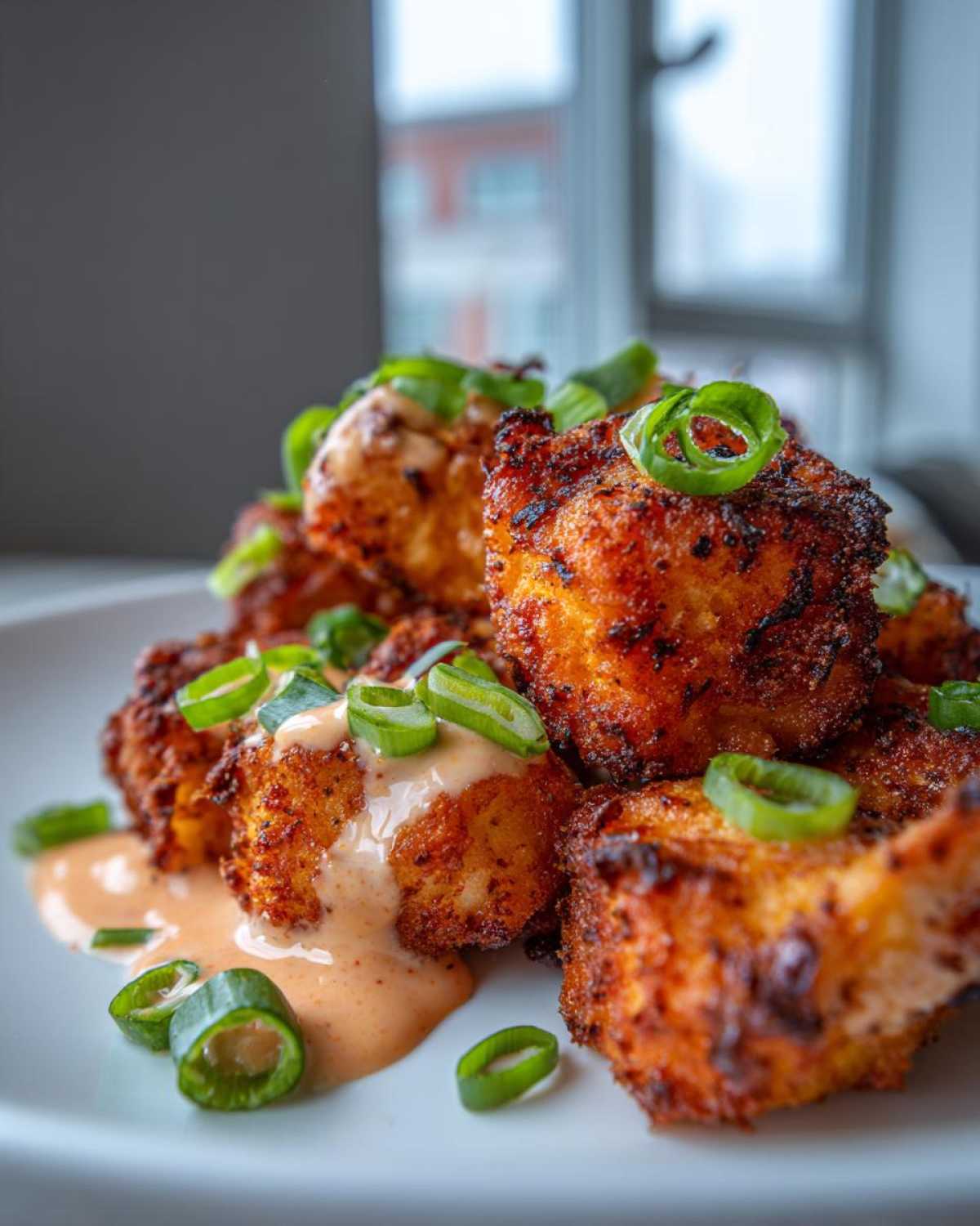 Close-up of crispy, golden Air Fryer Salmon Bites drizzled with Bang Bang Sauce and topped with green onions.