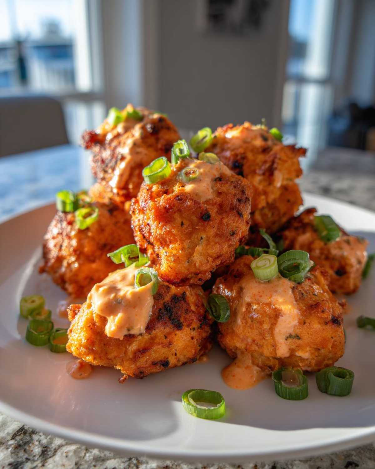 A stack of golden Air Fryer Salmon Bites drizzled with creamy Bang Bang Sauce and topped with green onions.