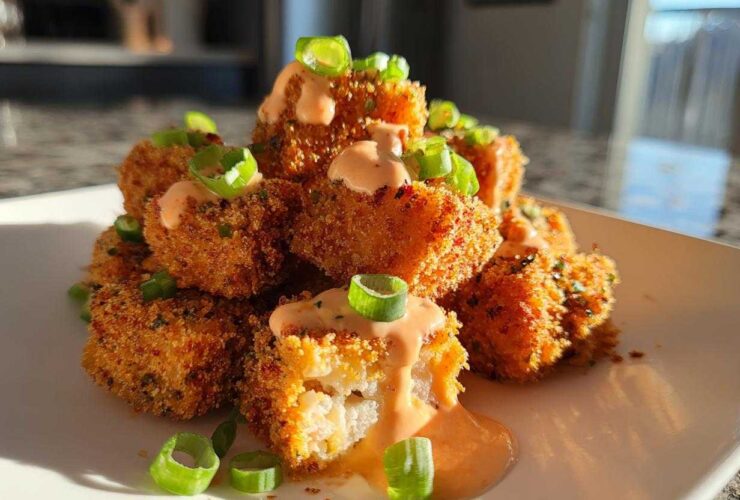 A pile of crispy, golden Air Fryer Salmon Bites drizzled with Bang Bang Sauce and topped with green onions.