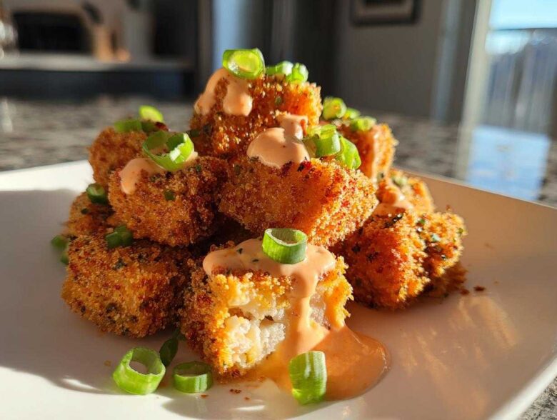 A pile of crispy, golden Air Fryer Salmon Bites drizzled with Bang Bang Sauce and topped with green onions.