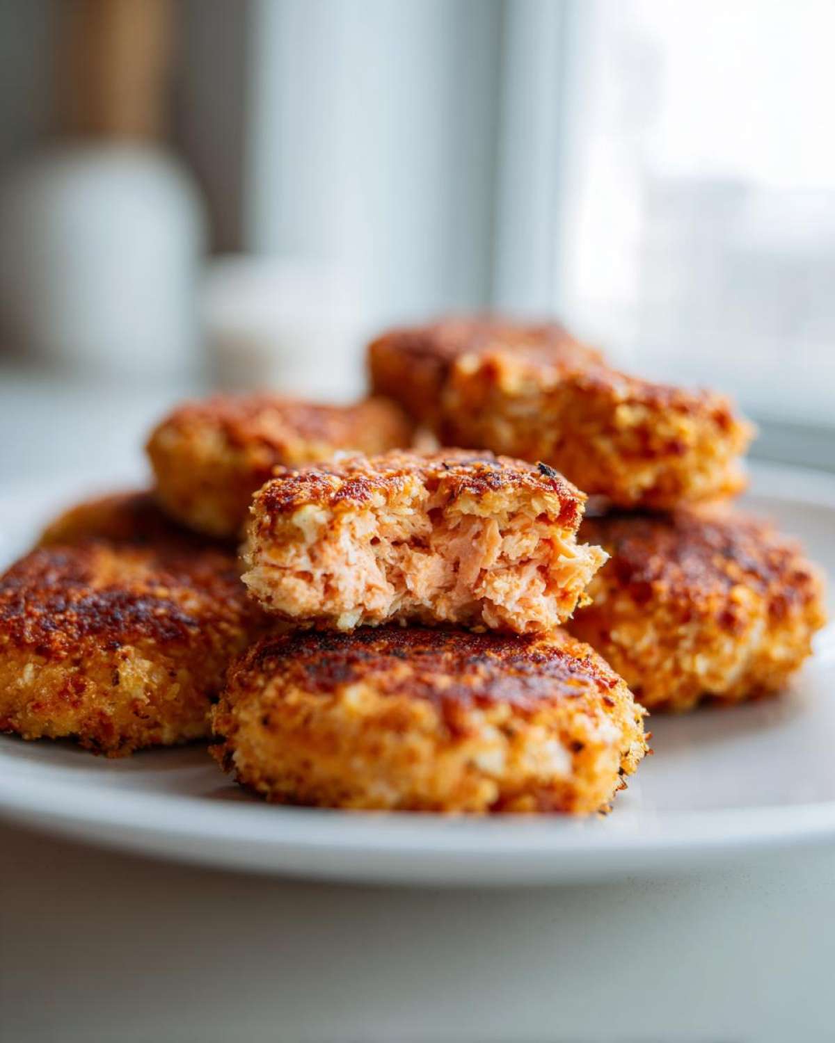 Close-up of golden brown Air Fryer Salmon Patties, one broken open showing the flaky salmon interior.