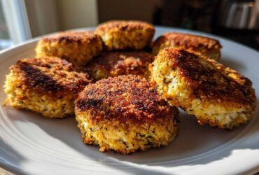A plate holding six golden-brown, crispy Air Fryer Salmon Patties, perfectly cooked.
