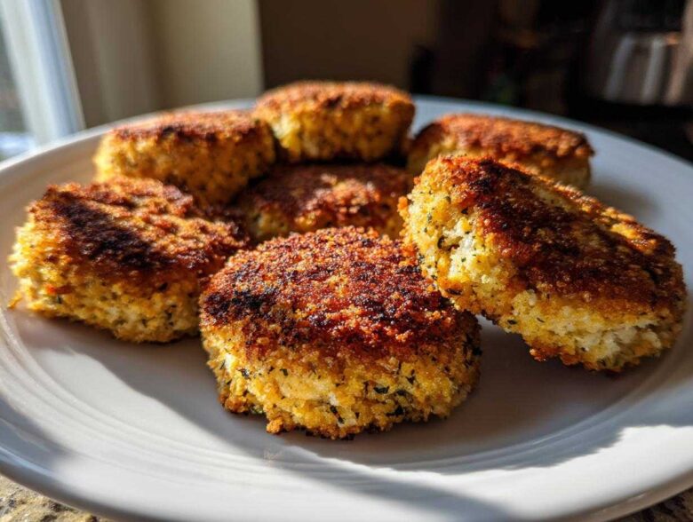 A plate holding six golden-brown, crispy Air Fryer Salmon Patties, perfectly cooked.