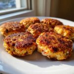 Six perfectly browned Air Fryer Salmon Patties arranged on a white plate near a window.