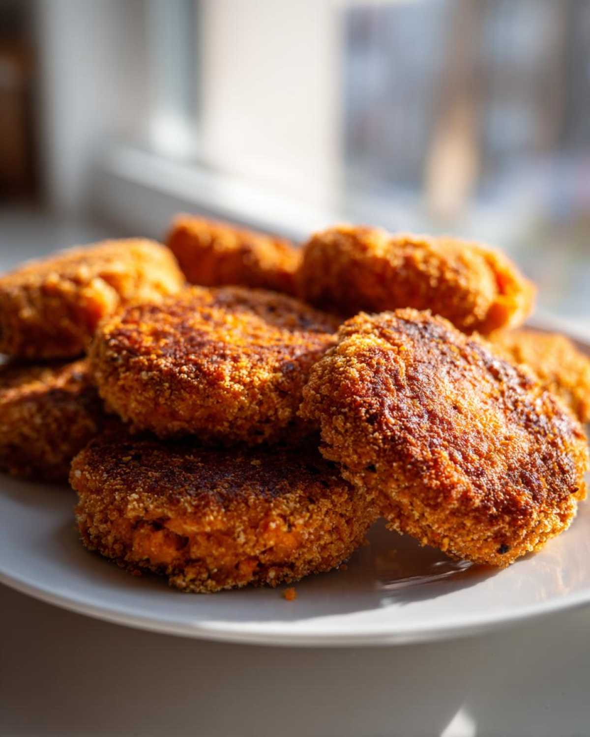 A stack of perfectly cooked, golden brown Air Fryer Salmon Patties resting on a white plate, highlighted by natural light.