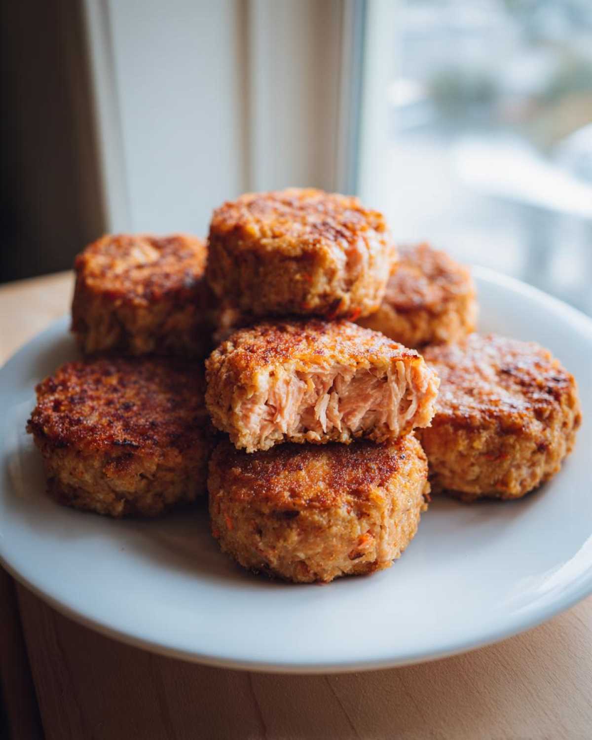 Close-up of golden brown Air Fryer Salmon Patties stacked on a white plate, one patty is cut open showing flaky salmon inside.