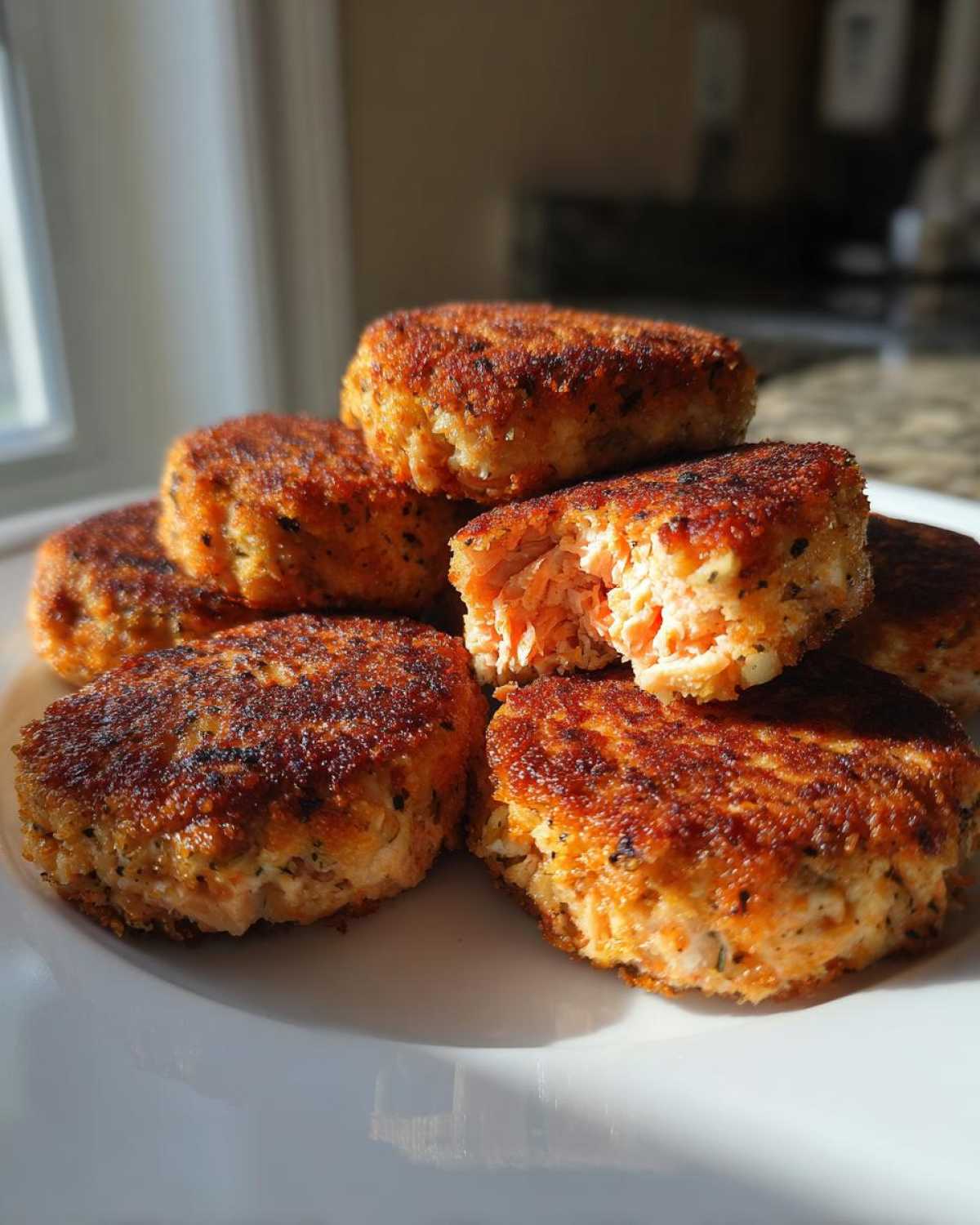 A stack of golden brown, crispy Air Fryer Salmon Patties on a white plate, one patty is broken open showing the flaky salmon interior.