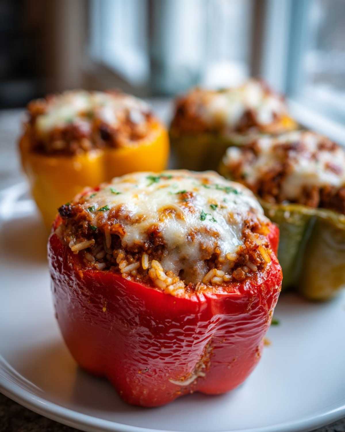 Close-up of a red Air Fryer Stuffed Bell Pepper topped with melted mozzarella cheese and herbs.