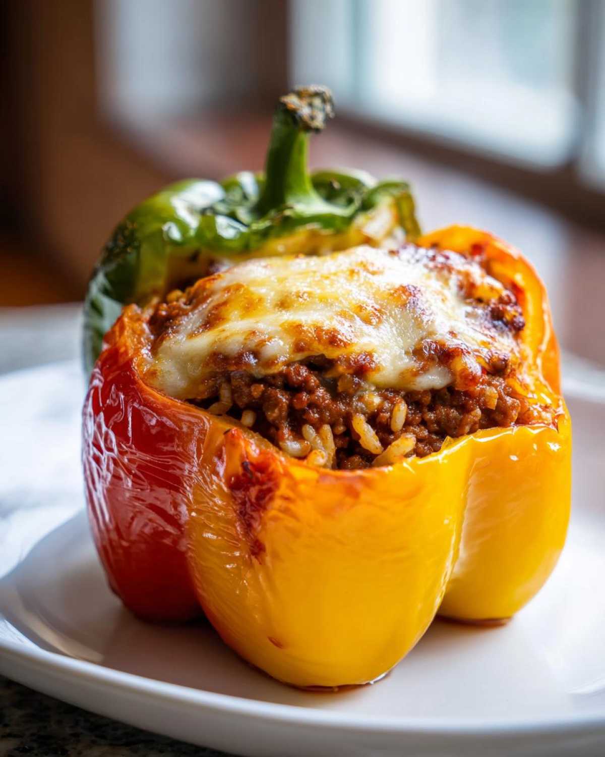 Close-up of two Air Fryer Stuffed Bell Peppers, one yellow and one green, topped with melted cheese.