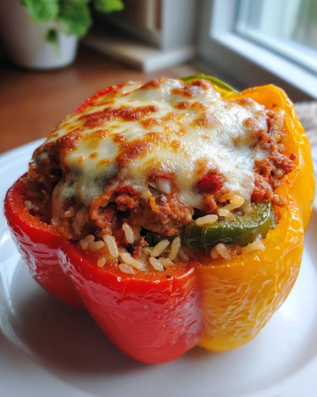 Close-up of a colorful Air Fryer Stuffed Bell Peppers, topped with melted cheese and savory filling.