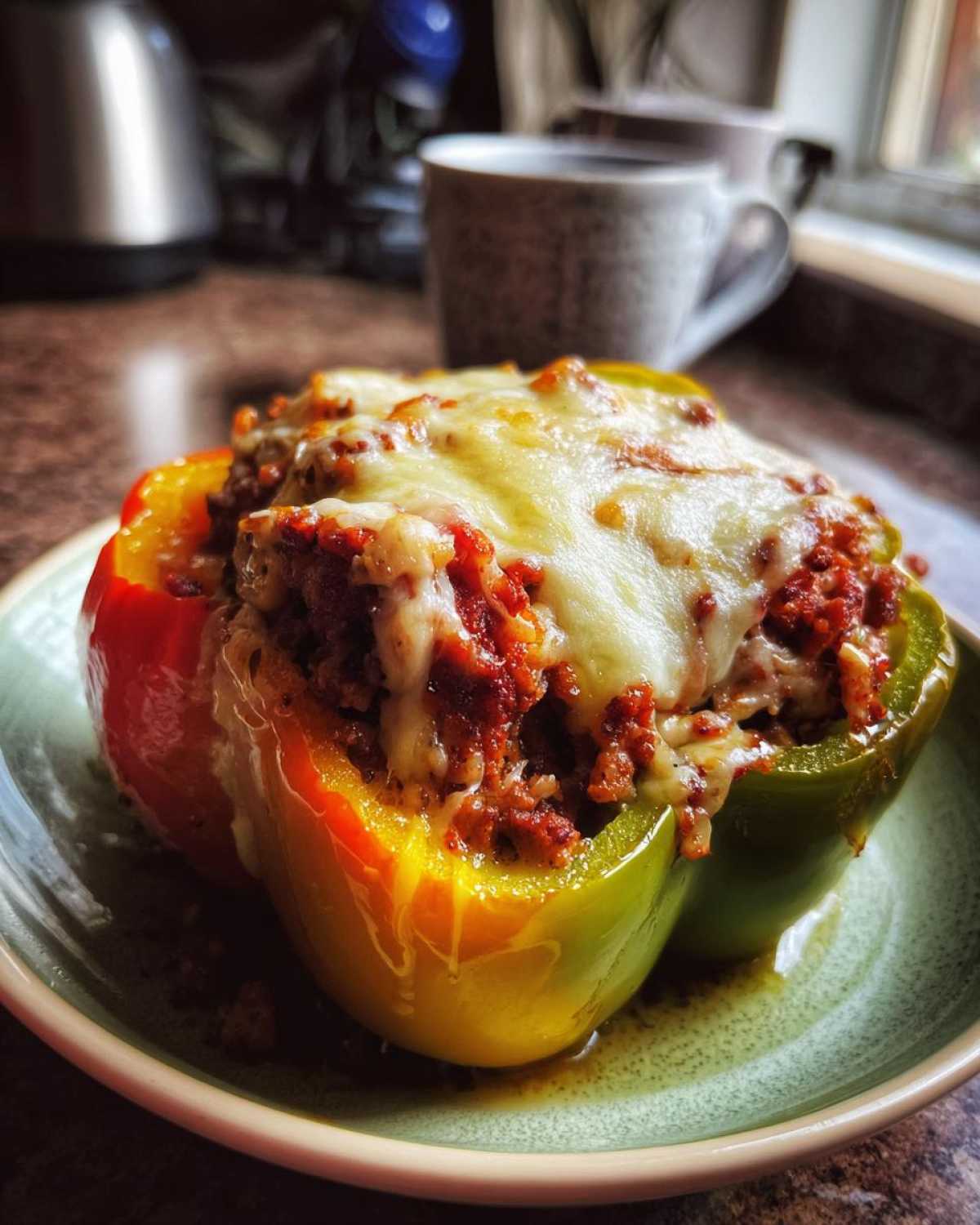 Close-up of two colorful Air Fryer Stuffed Bell Peppers topped with melted cheese on a green plate.