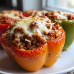 Close-up of a juicy, orange Air Fryer Stuffed Bell Pepper topped with melted cheese.